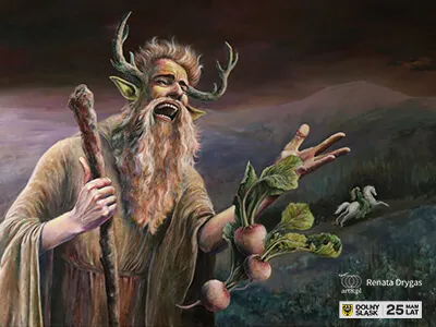 olej plus akryl na płótnie, ''Z rzepą w dłoni, z żalem w duszy. Samotność Liczyrzepy'' obraz namalowany w ramach stypendium Samorządu Województwa Dolnośląskiego na rok 2024 