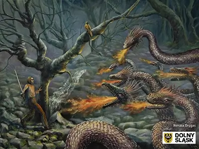 olej plus akryl na płótnie, ''Ogień strachu, woda życia. Legenda o żywej wodzie na Ślęży'' obraz namalowany w ramach stypendium Samorządu Województwa Dolnośląskiego na rok 2024 