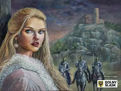 olej plus akryl na płótnie, ''Triumf miłości, która nie jest twoja. Legenda o Kunegundzie z zamku Chojnik'' obraz namalowany w ramach stypendium Samorządu Województwa Dolnośląskiego na rok 2024 