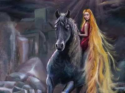 olej na płótnie, ''Valeska. Kłodzka legenda o złotych włosach'' obraz namalowany w ramach stypendium Samorządu Województwa Dolnośląskiego na rok 2024 